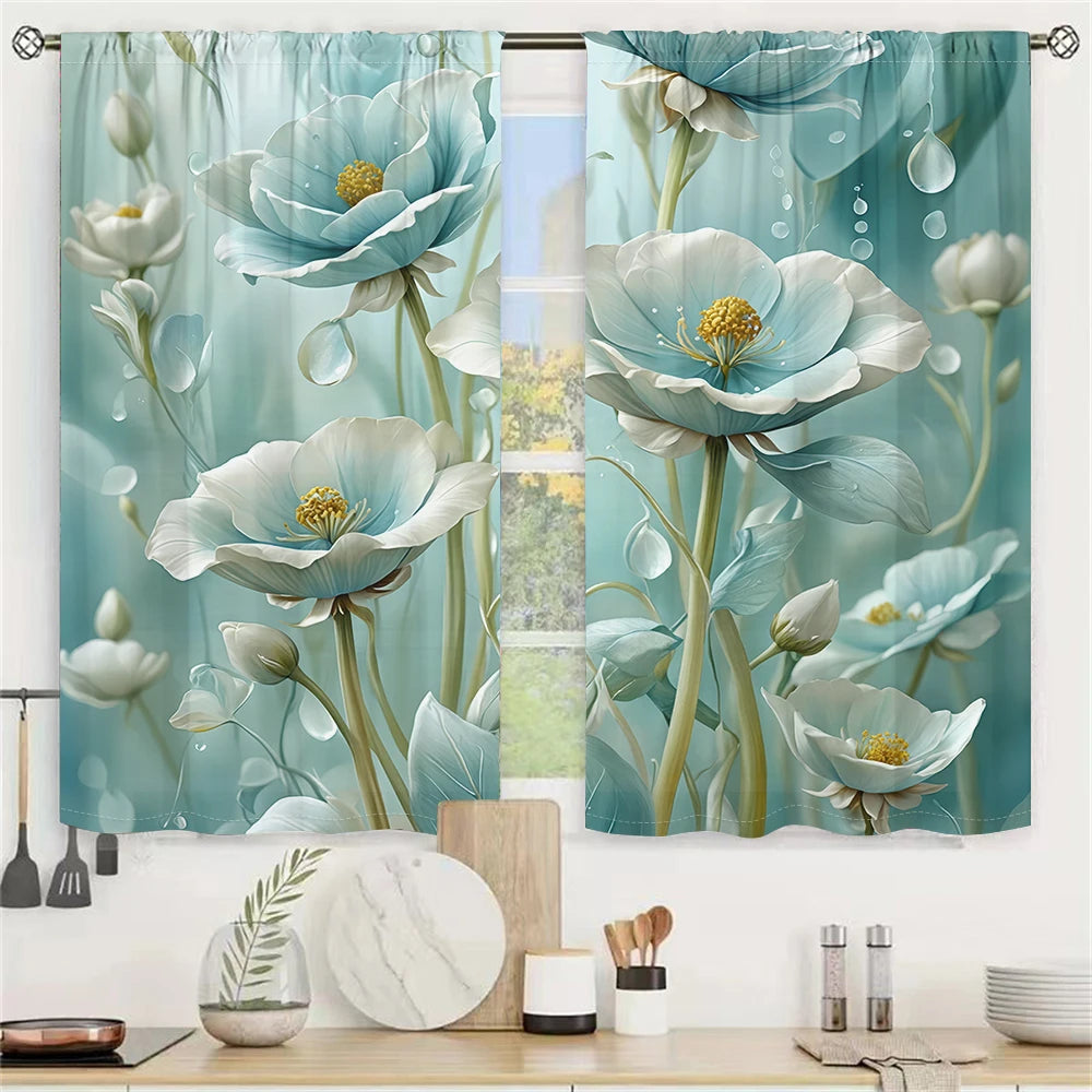 2Pcs Teal Floral Curtains 3D Pattern