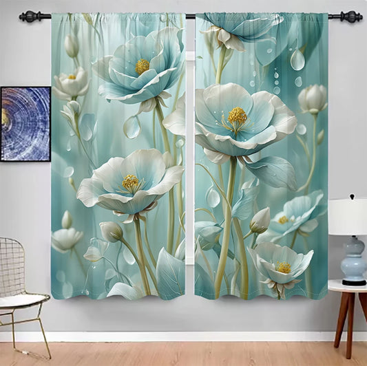 2Pcs Teal Floral Curtains 3D Pattern