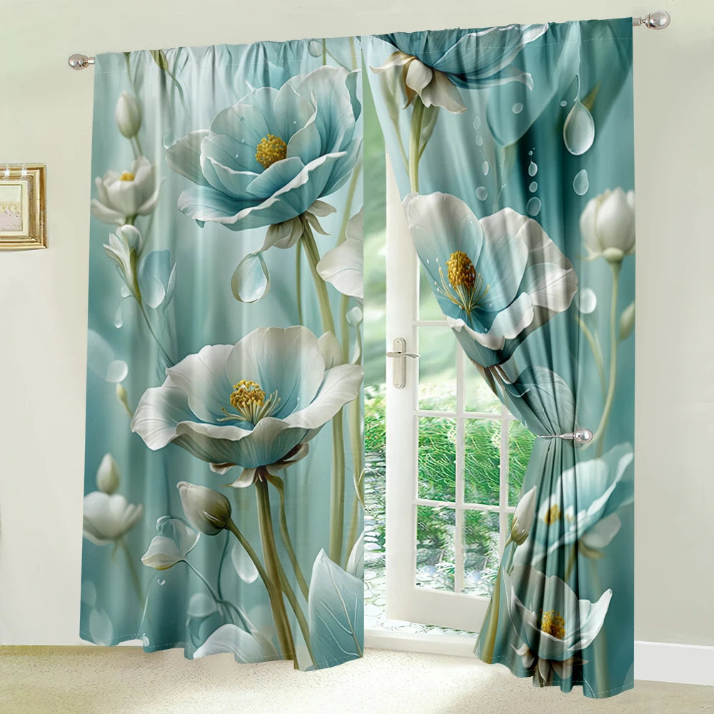 2Pcs Teal Floral Curtains 3D Pattern