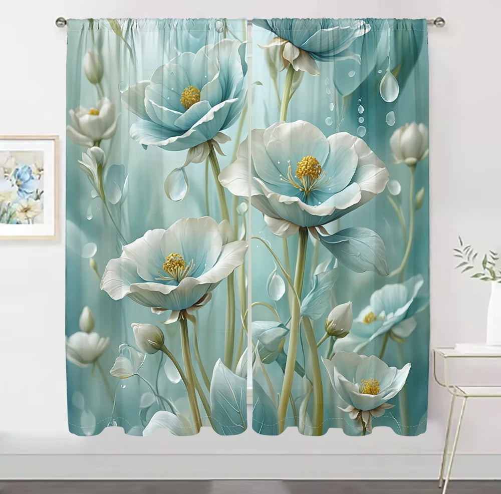 2Pcs Teal Floral Curtains 3D Pattern