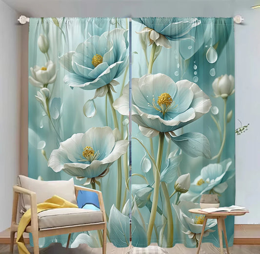2Pcs Teal Floral Curtains 3D Pattern