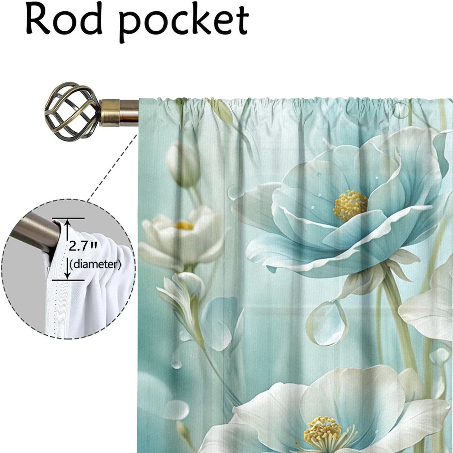 2Pcs Teal Floral Curtains 3D Pattern