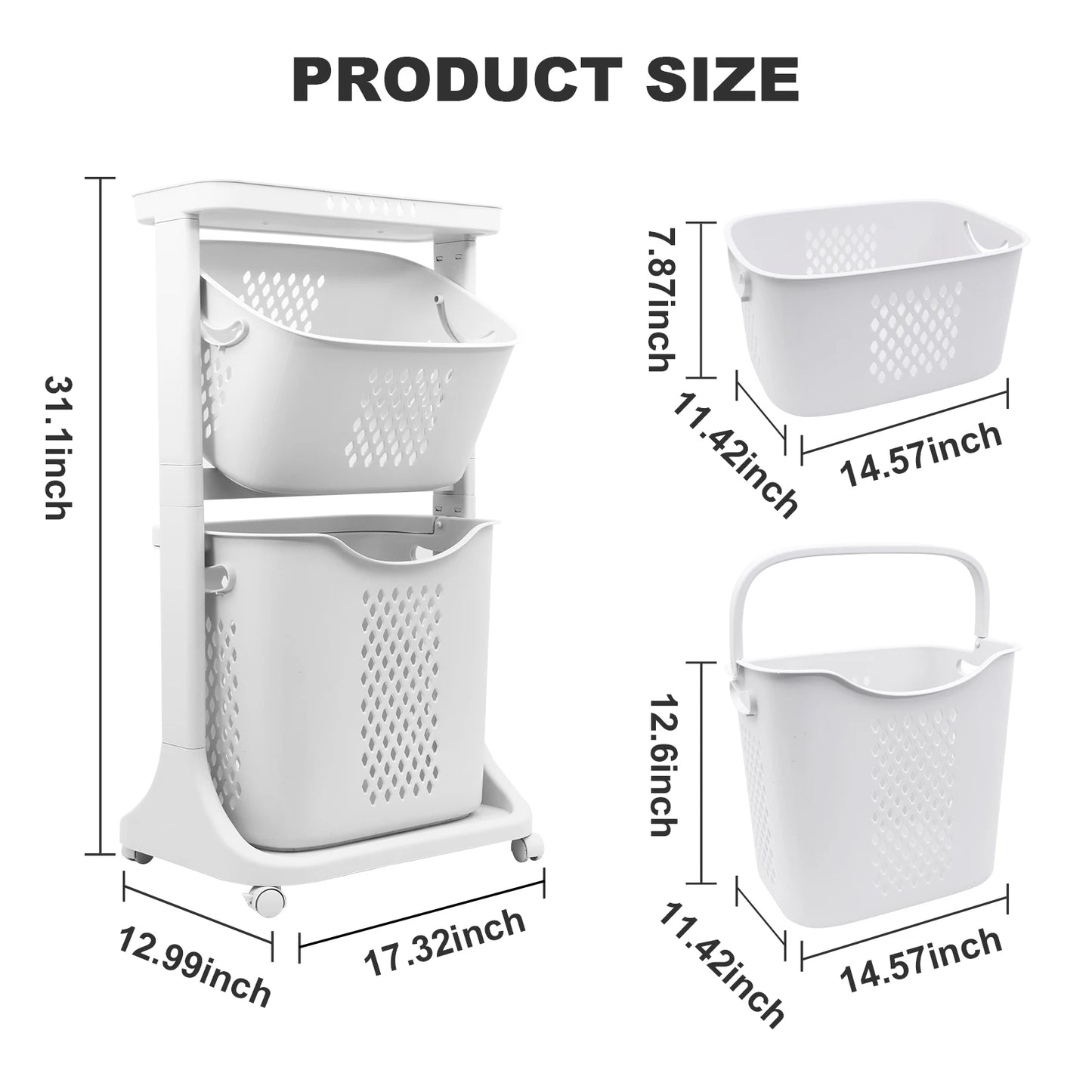 Removable Storage Buckets Plastic Hamper with 4 Wheels White