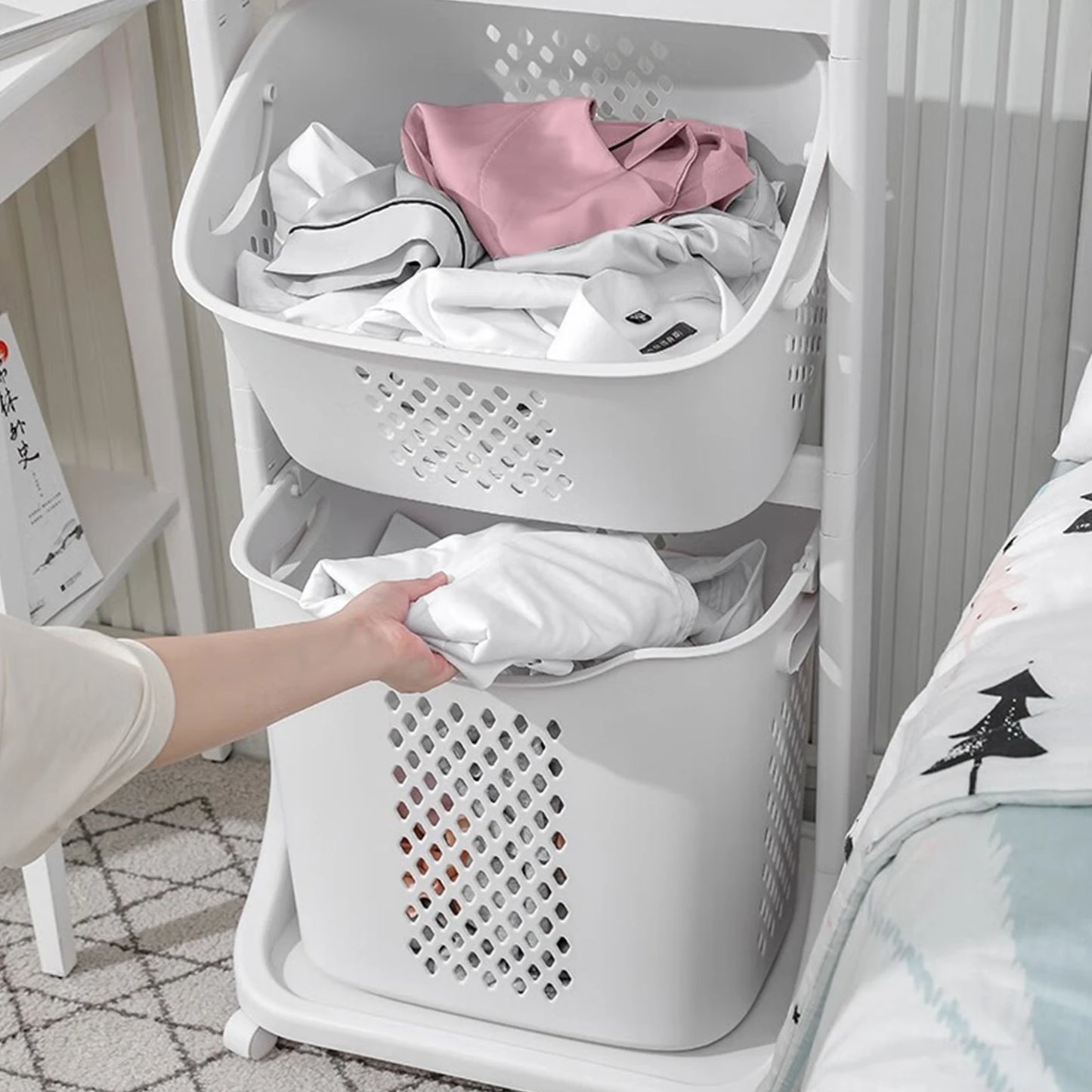 Removable Storage Buckets Plastic Hamper with 4 Wheels White